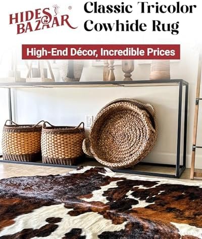 Tricolor Cowhide Rug Classic Brown, Black and White Color Mix, Natural Leather Hide, Area Rug (6x8ft)
