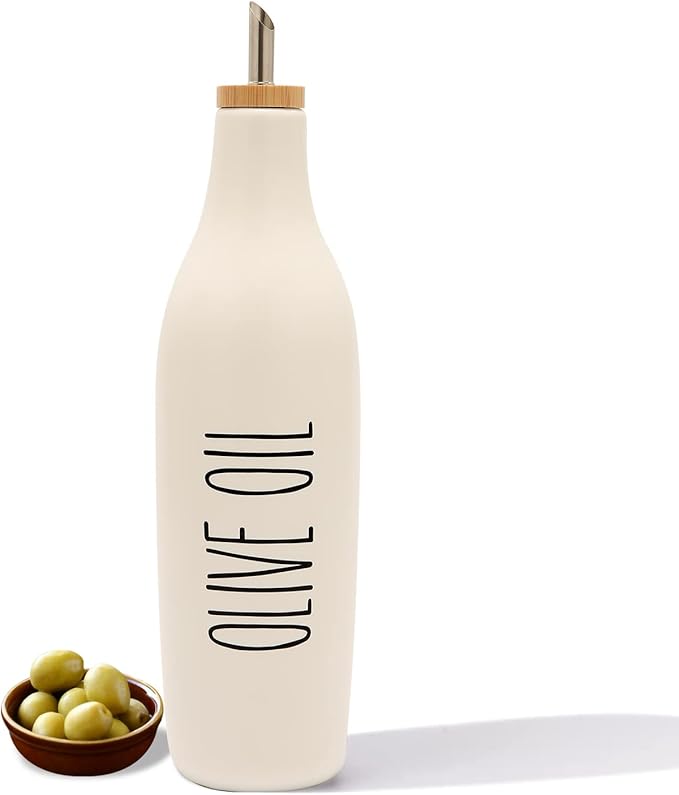 HOMCDALY Ceramic Olive Oil Dispenser for Kitchen, Stoneware 16oz Oil Cruet and Vinegar Bottles Dispenser, Kitchen Dispenser Bottle for EVOO Vinegar Syrups, Modern Farmhouse Design(W-O)
