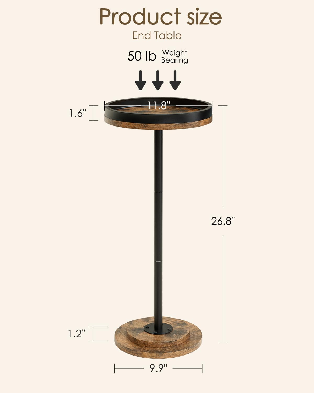 Masupu Drink Table, Round Side Table for Small Spaces, Pedestal Small End Table with Metal Base, for Living Room, Bedroom, Bathroom, Rustic Brown+Black(Lip)
