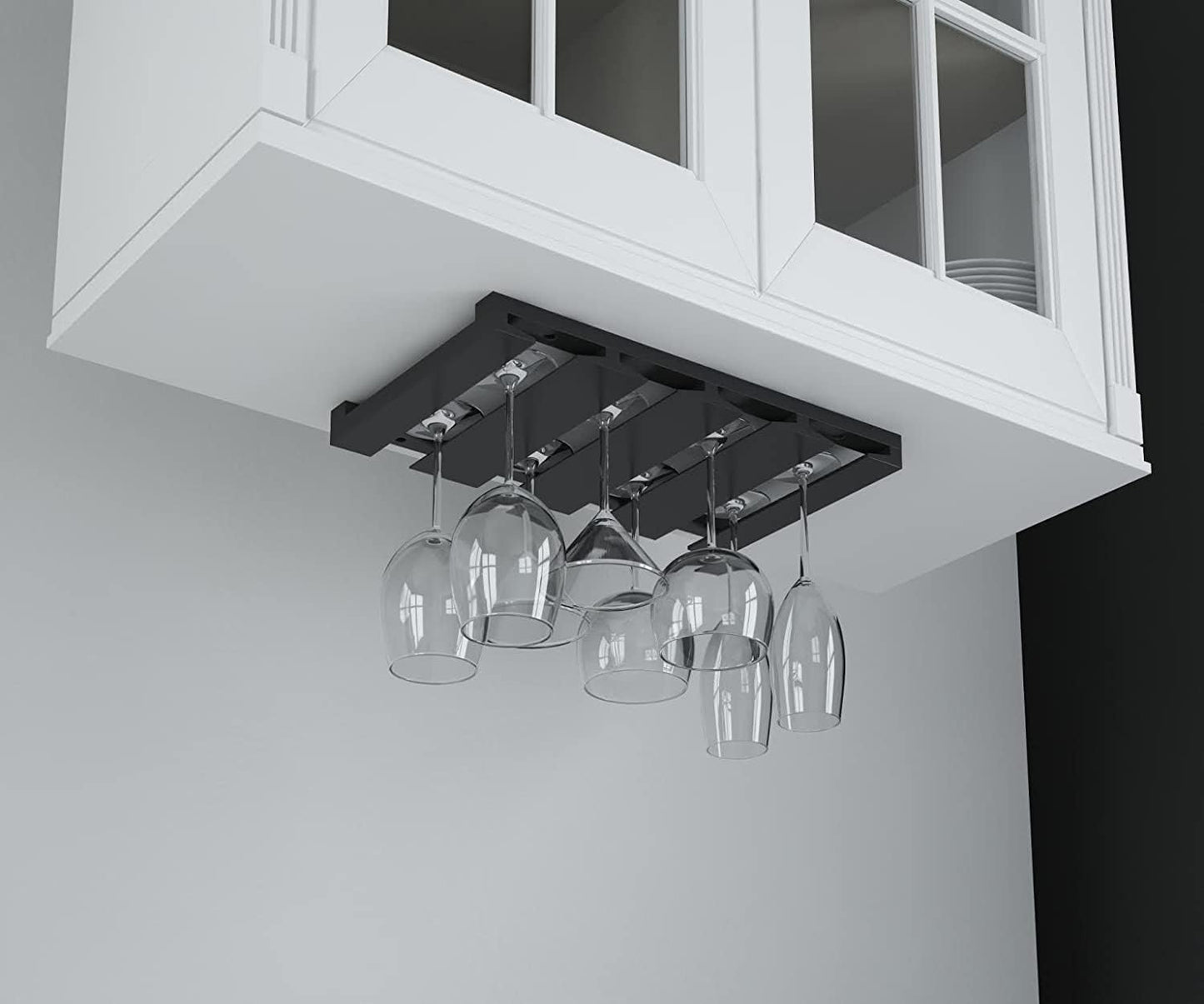 Rustic State Eze 4 Sectional Wood Under Cabinet Wine Glass Holder Wine Glass Rack Hanging Shelf Stemware Bar Organizer - 12 Wine Glass Storage - 10 Inch Deep - Black