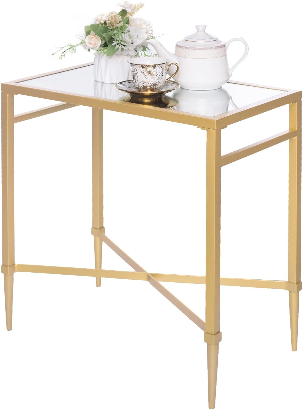 Gold End Table, Rectangle Side Table with Mirrored Top, Modern Metal End Table, Small Narrow Side Table for Living Room, Balcony, 22" L x 12.4" W x 24" D