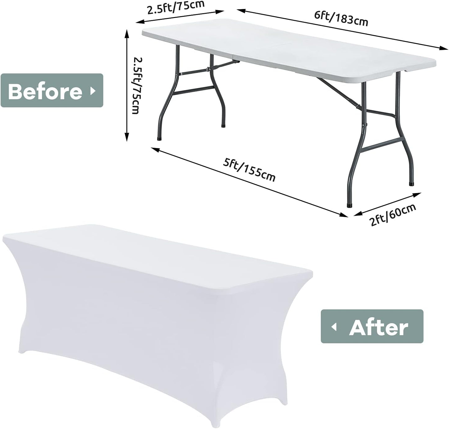 CWK 6FT 2Pcs Stretch Spandex Table Cover for Rectangular Tables - Elastic Fitted Tablecloth for Folding Tables, Wrinkle Resistant, Durable Table Protector for Parties,Weddings,Banquets &Events (White)