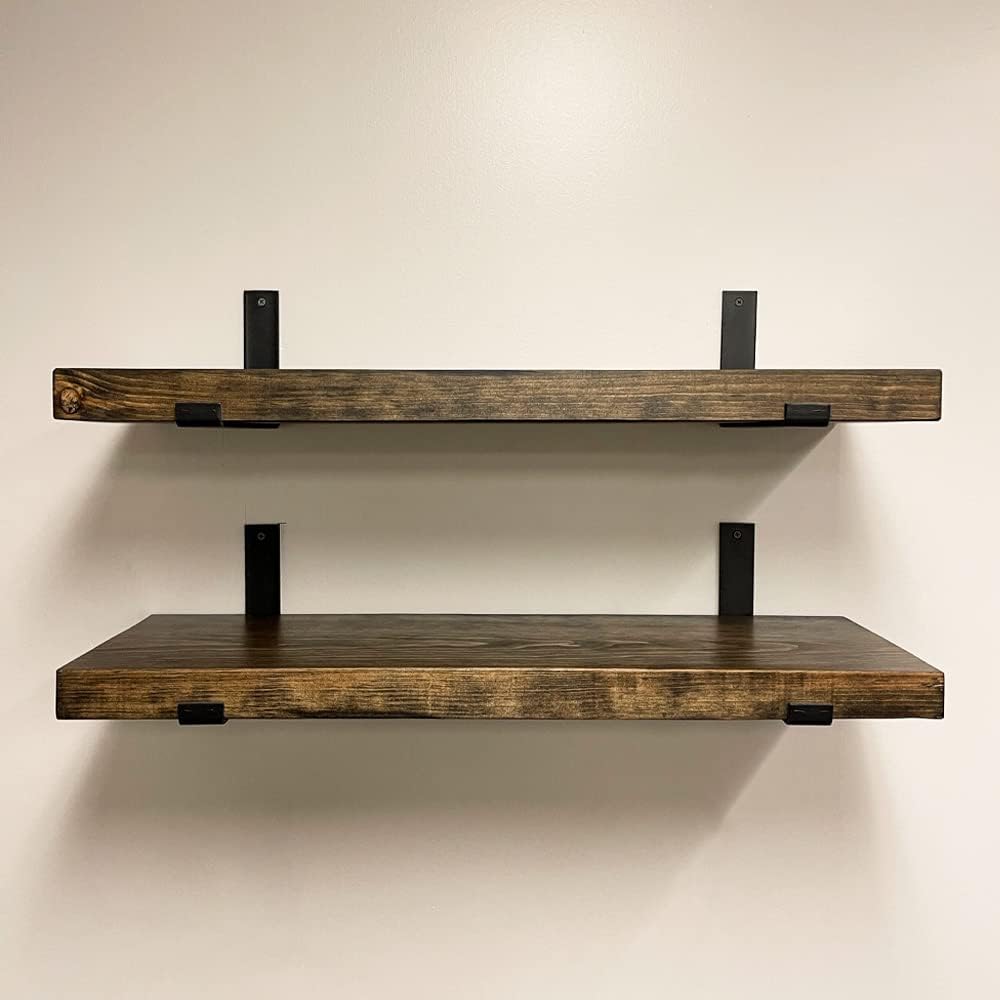Rustic Shelves with J-Brackets Set of 2, Industrial Shelf, Kitchen Shelves, Solid Wood, Decorative Wall Storage, Heavy Duty, URBANDI (Dark Brown, 36Wx6D)