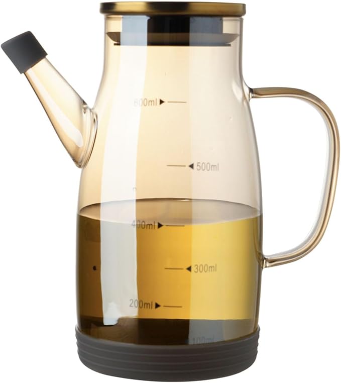 Large Glass Oil Dispenser Bottle for Kitchen Cooking Recipiente Para Aceite De Cocina Olive Oil Vinegar Dispenser Cruet Stainless Steel Lid No Drip Liquid Container (Champagne, 20oz / 600ml)