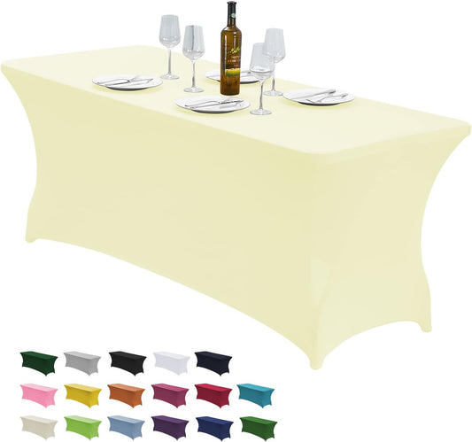 CWK 8FT Waterproof Stretch Spandex Table Cover for Rectangular Tables - Elastic Fitted Tablecloth for Folding Tables,Wrinkle Resistant Table Cloth for Parties, Weddings, Banquets & Events (Beige)
