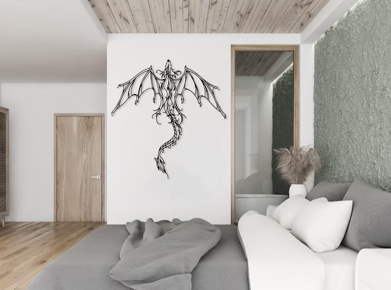 Dragon Metal Wall Art | Legendary Fantastic Dragon Wall Decor | Mythologic Wall Hanging | Man Cave Decorative | Mythic Wyvern Sculpture for Living Room Bedroom Game Room (Black - 38.9'' x 37.4'' / 100