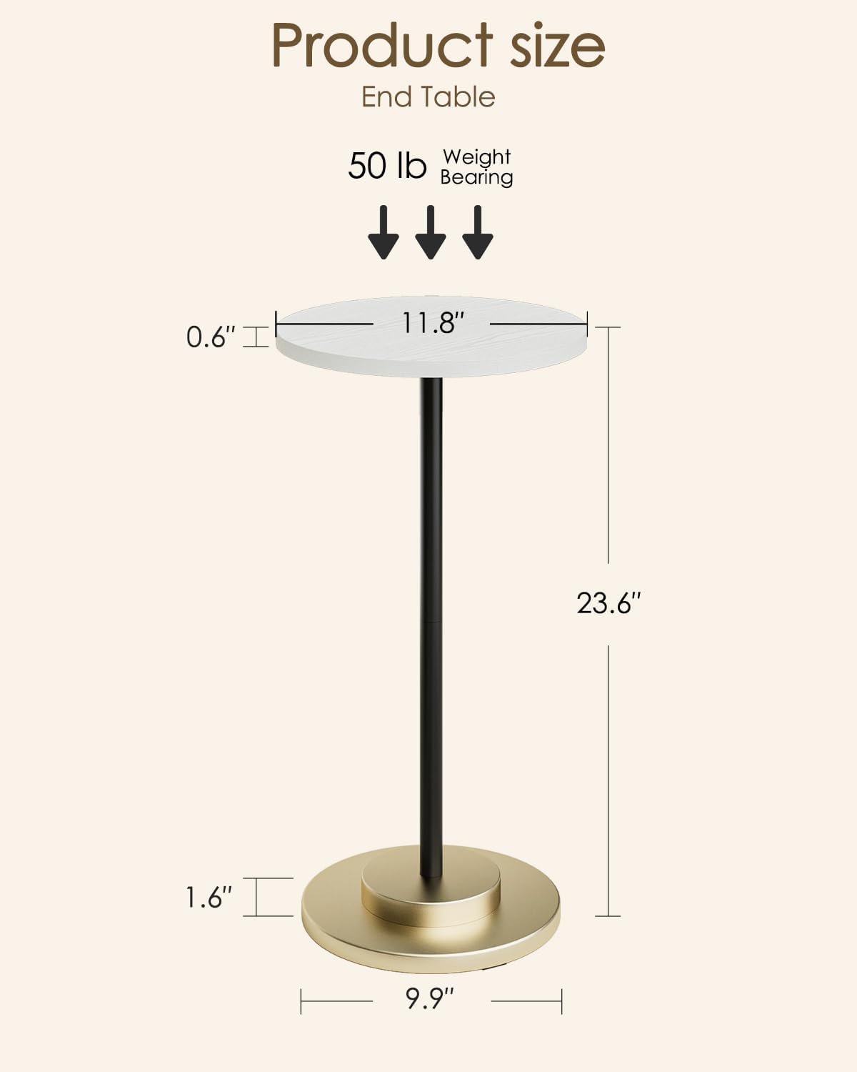 Masupu Drink Table, Round Side Table for Small Spaces, Pedestal Side Table, Small End Table with Metal Base, for Living Room, Bedroom, Bathroom, White