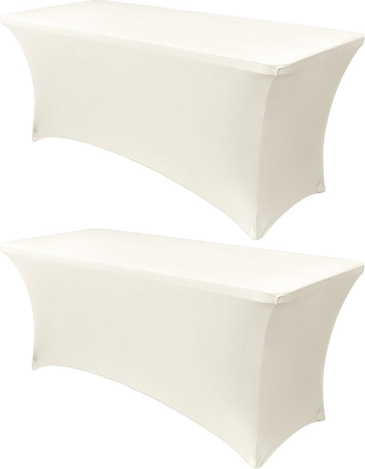 Obstal 8Ft Stretch Spandex Table Cover for Standard Folding Tables - 2 Pack Universal Rectangular Fitted Tablecloth for Party, Banquet, Events, Trade Show (Cream, 96L x 30W x 30H Inches)