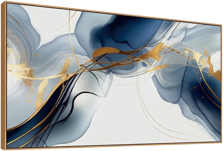 HUADAOART Wall Art Abstract Painting Modern Art Gold and Blue Background Canvas Prints Pictures for Living Room Bedroom Artwork Home Decor Framed 20x40inch (Blue)