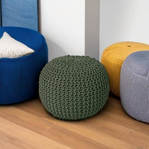 REDEARTH Round Hand Knitted Pouf - Foot Stool Bean Bag Ottoman - Cord Boho Pouffe - Poof Accent Beanbag Footrest for Living Room - Bedroom - Patio - Lounge (19.5"x19.5"x14") - Olive