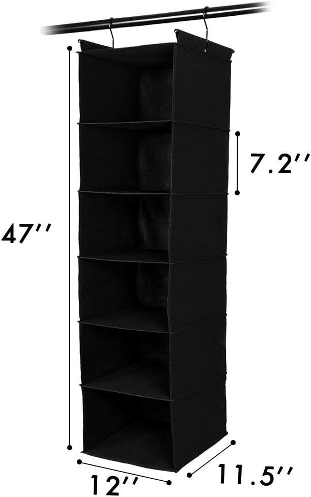 MAX Houser 6 Tier Shelf Hanging Closet Organizer, Closet Hanging Shelf with 2 Sturdy Hooks for Storage, Foldable (Black)