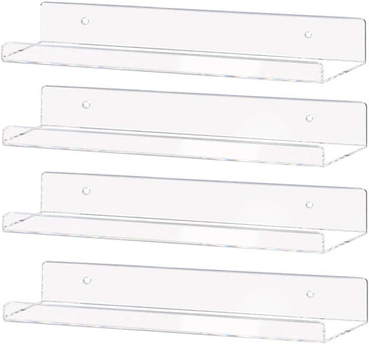 Weiai Clear Acrylic Shelf 15" Invisible Floating Wall Ledge Bookshelf, Kids Book Display Shelves Wall Mounted (15 Inch 4Pack)