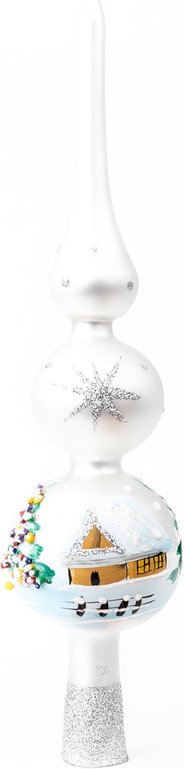 Christmas Tree Topper Spitz Glass Mouth Blown Hand-Decorated Embellishments (Silver, 12 inch)