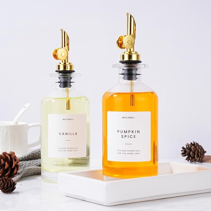 Molimoli Olive Oil Dispenser Bottle for Kitchen, Coffee Syrup Dispenser w. Weighted Pourer, Glass Bottle Dispenser for Kitchen with Ceramic Tray | Gold, 350ml, Set of 2