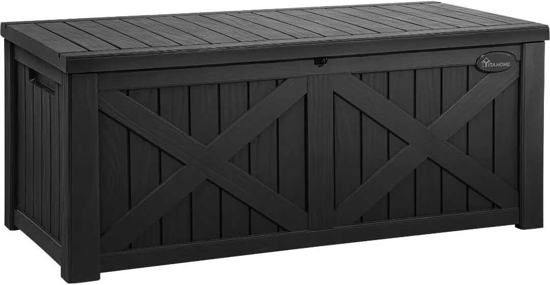 YITAHOME 120 Gallon Large Outdoor Storage Box with X-Shaped Front, Waterproof Resin Deck Box Cushion Storage Bench for Patio, Pool Supplies, Garden Tools - Lockable, Black