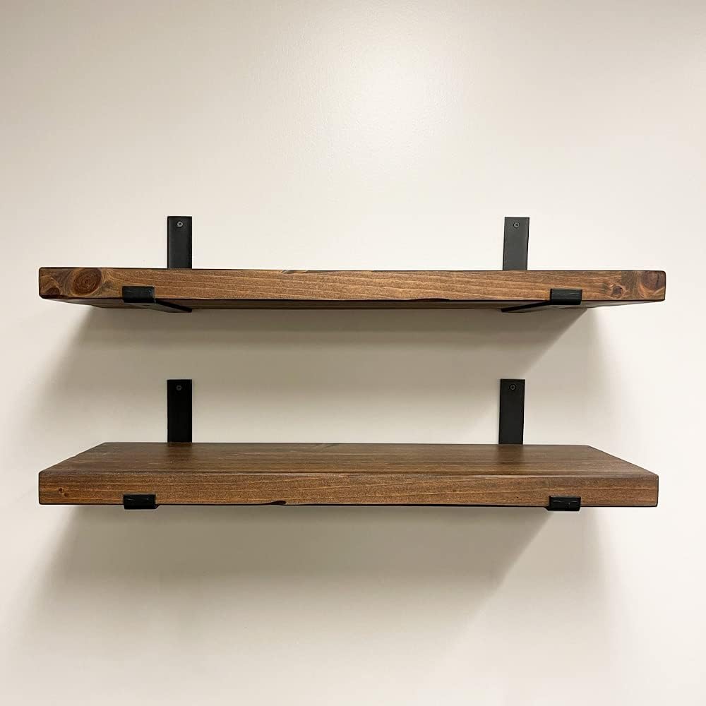 Rustic Shelves with J-Brackets Set of 2, Industrial Shelf, Kitchen Shelves, Solid Wood, Decorative Wall Storage, Heavy Duty, URBANDI (Provincial, 24Wx10D)