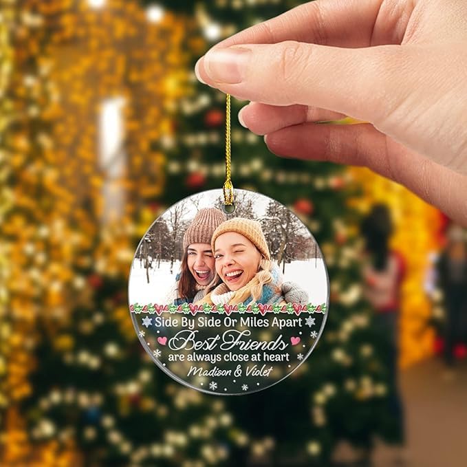 Personalized Best Friend Ornament Custom Friendship Christmas Ornament Friends Always Close at Heart Acrylic Ornaments with Photo Picture Xmas Tree Gifts for Besties BFF Soul Sister