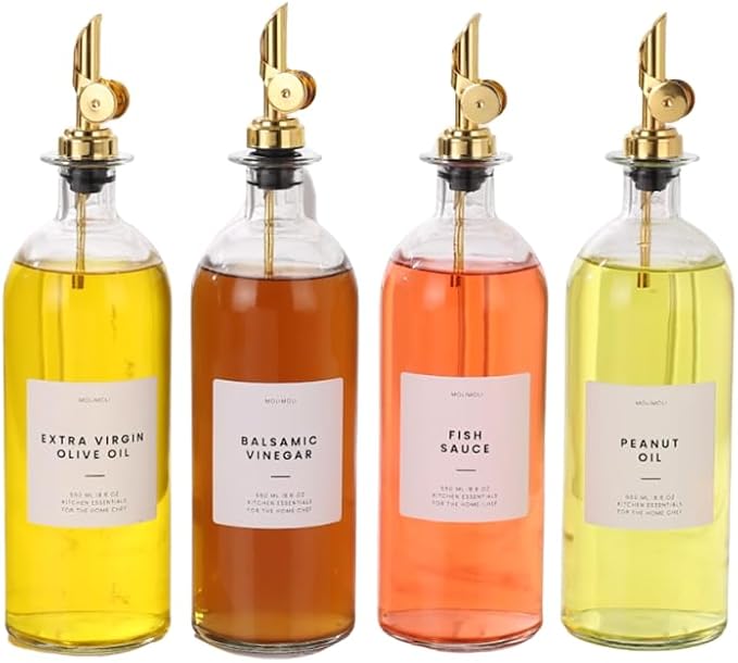 Molimoli Oil and Vinegar Dispenser with Metal Pour Spout, Weighted Pourer, Glass Bottle Dispenser for Kitchen, Olive Oil Cruet, Glass Olive Oil Bottle | 500ml, Set of 4