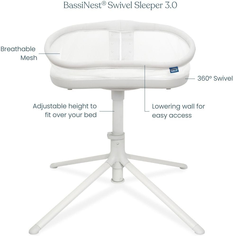 HALO BassiNest Swivel Sleeper 3.0 – Over-Bed Baby Bassinet with 360 Rotation, Adjustable Height, Breathable Mesh, Safe Close Sleeping, Lowering Wall for Easy Access, Feeding & C-Section Recovery