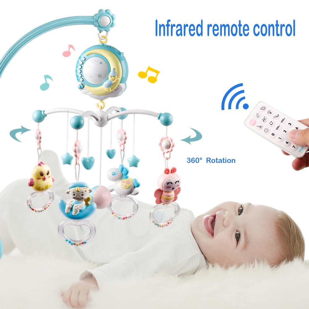 Baby Musical Crib Mobile with Timing Function Projector Lights,Stand-Along Rattles and 150 Melodies Music Box with Remote Control for Newborn 0-24 Months