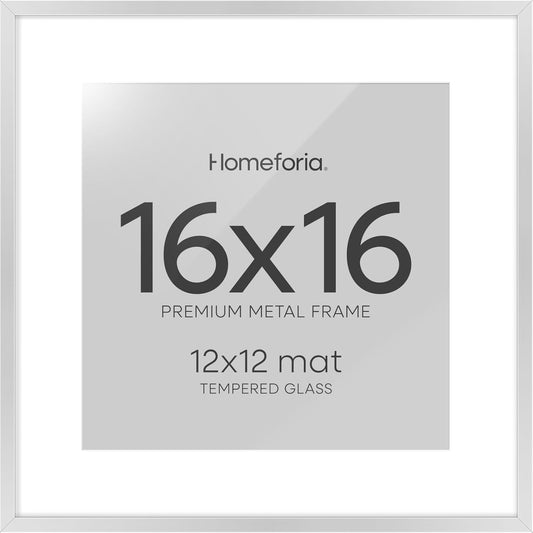 Homeforia 16x16 Silver Picture Frame, High End Metal 16 x 16 Square Frame with Mat 12 x 12 Photo, 16x16 Poster Frames Matted to 12x12 Print, 16 by 16 Hanging Frames, Tempered Glass, Wall Kit, Set of 1