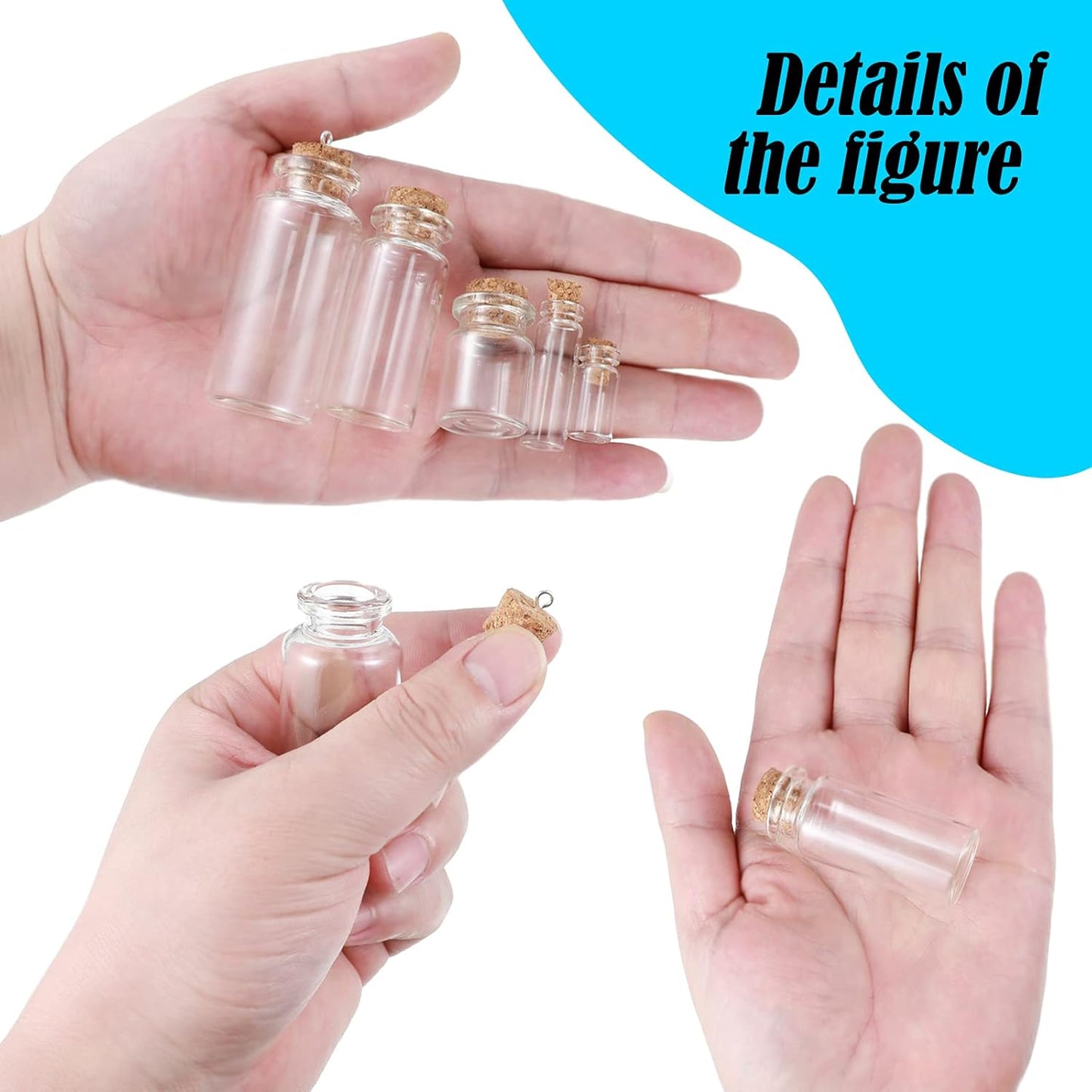 Geiserailie 45 Pcs Mini Glass Bottles with Cork Stoppers Spell Jar Clear Wishing Jars with 50 Eye Screws 3 Funnels for Wedding Party Favors DIY Art Crafts Decoration, 5 Sizes