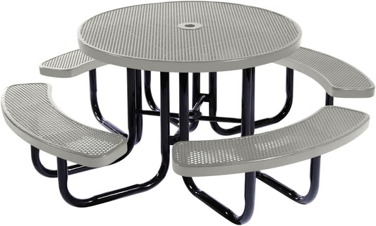 Heavy-Duty Portable Outdoor Picnic Table with Umbrella Hole, Punched Steel Commercial-Grade Patio Dining Furniture Made in America (46" Round Top, Grey)