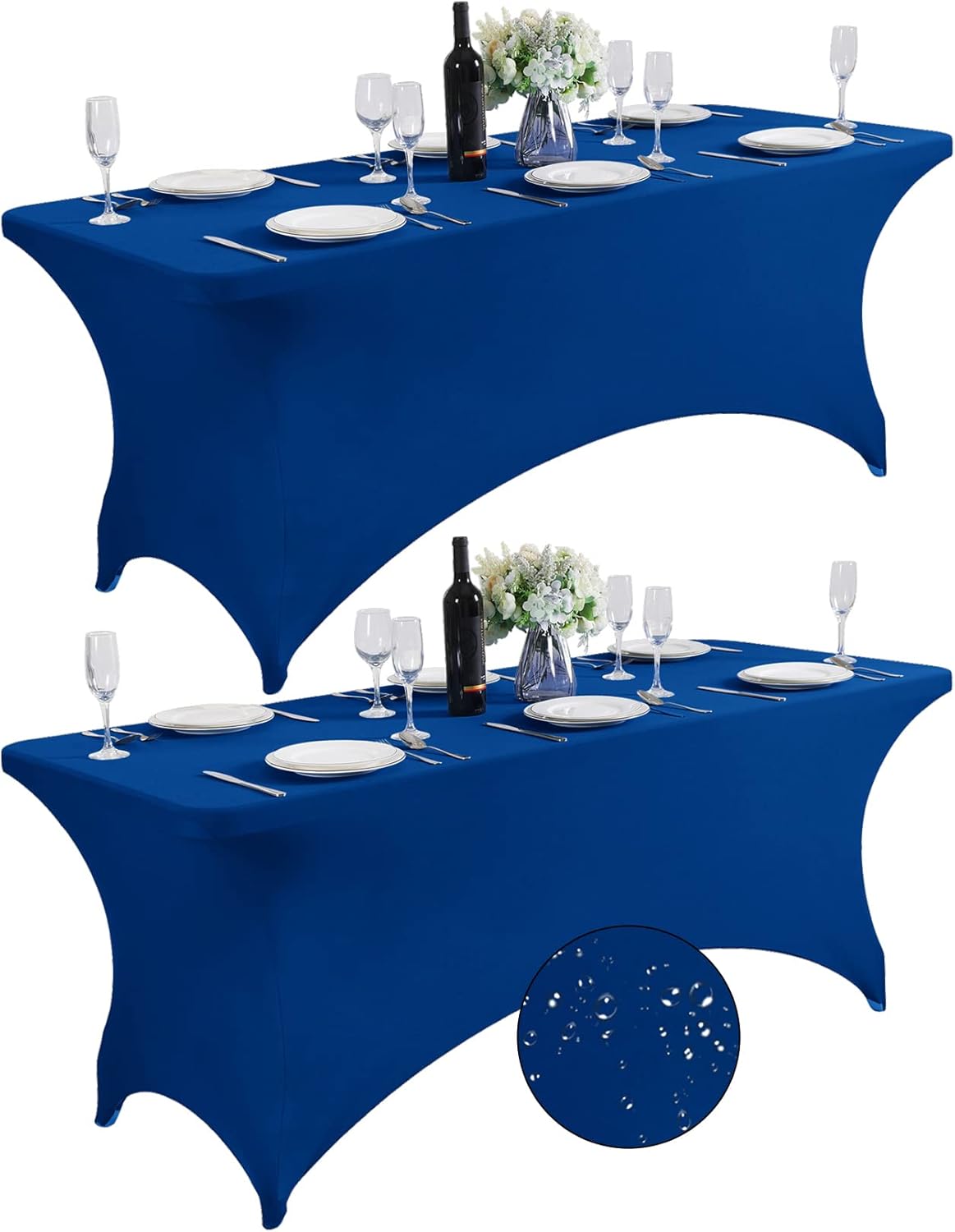 SuperO 2Pack Waterproof Spandex Table Cover for 6FT Table Universal Fitted Stretch Tablecloth for Party, Banquet, Wedding and Events-Classic Blue