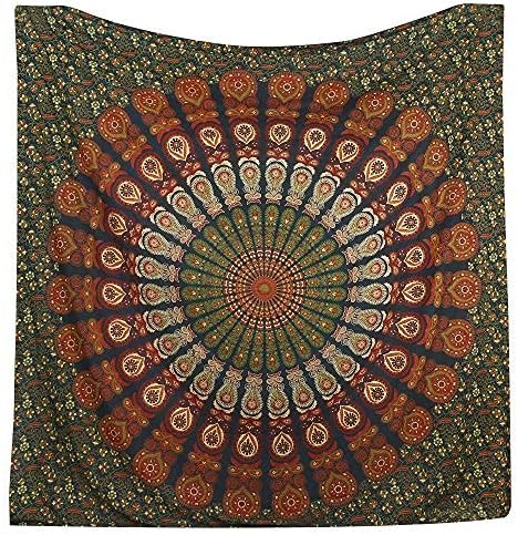Bless International Handmade Indian hippie Bohemian Psychedelic Peacock Mandala Wall hanging College Dorm Beach Throws Table Cloth Bedding Tapestry (Golden Green, Queen(84x90Inches)(215x230Cms))
