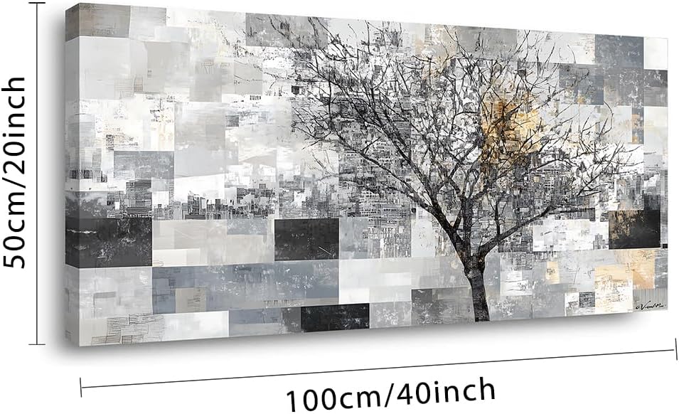 LASMOND Modern Abstract Tree Wall Art for Living Room Black and White Canvas Painting Wall Art Large Nature Landscape Artwork Bedroom Office Home Decor (40x20 Inches)