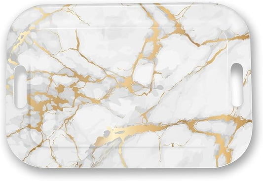 Serving Trays with Handles, 14.5 x 9.8 inch Rectangular Plastic Tray for Restaurant, Kitchen, Golden White Marble