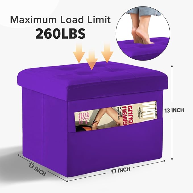 LINMAGCO Storage Ottoman Folding Foot Stool Foot Rest with Side Pocket Modern Ottoman with Storage Short Sofa Stool Velvet 17x13x13(Purple)