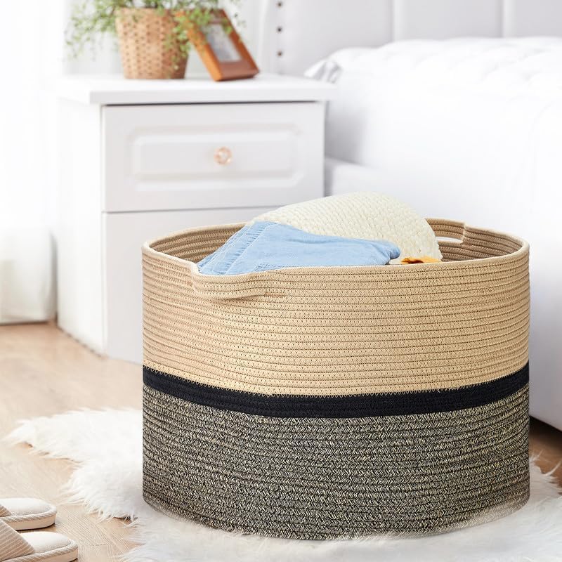 Ravinte Large Storage - 22"x 22"x 14" Blanket Basket for Living Room, Baby Toy Storage, Cotton Rope Woven Laundry Basket (Brown-Black-Light Black)
