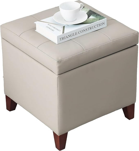 Adeco 18" PU Storage Ottoman, Upholstered Square Faux Leather Foot Rest - Flip Top Footstool with Sturdy Wood Legs, Small Cube Coffee Table Extra Seat for Living Room, Bedroom, Elephant Grey