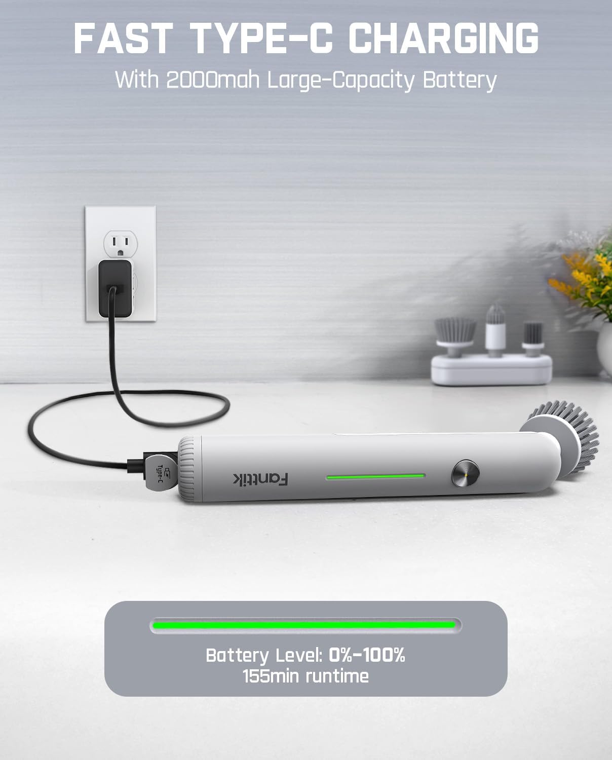 Fanttik G9 Nano Electric Spin Scrubber, Cordless Power Grout Brush, Type-C Fast Charging with LED Power Display, IPX7 Waterproof, 8 Replaceable Heads for Cleaning Grout, Corners, Crevices - White