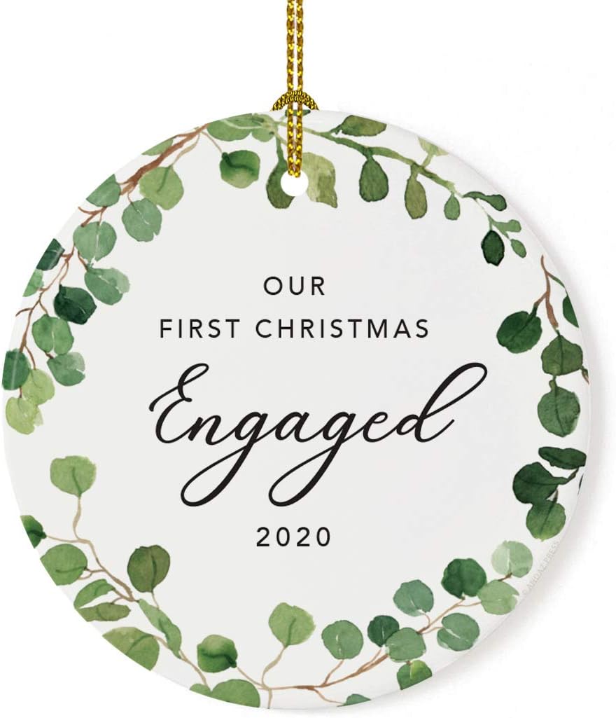 Andaz Press Custom Year Round Ceramic Porcelain Christmas Tree Ornament Keepsake Collectible Gift, Our First Christmas Engaged 2025, Farmhouse Eucalyptus Wreath, 1-PackCouple