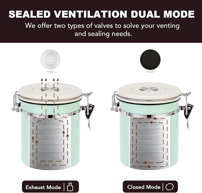 ShanSon Coffee Canister Airtight Coffee Container Stainless Steel Coffee Bean Storage Container with CO2 Release Valve and Scoop Coffee Canister for Beans,Grounds,Sugar,Flour,Tea,Cereal,11OZ,Green