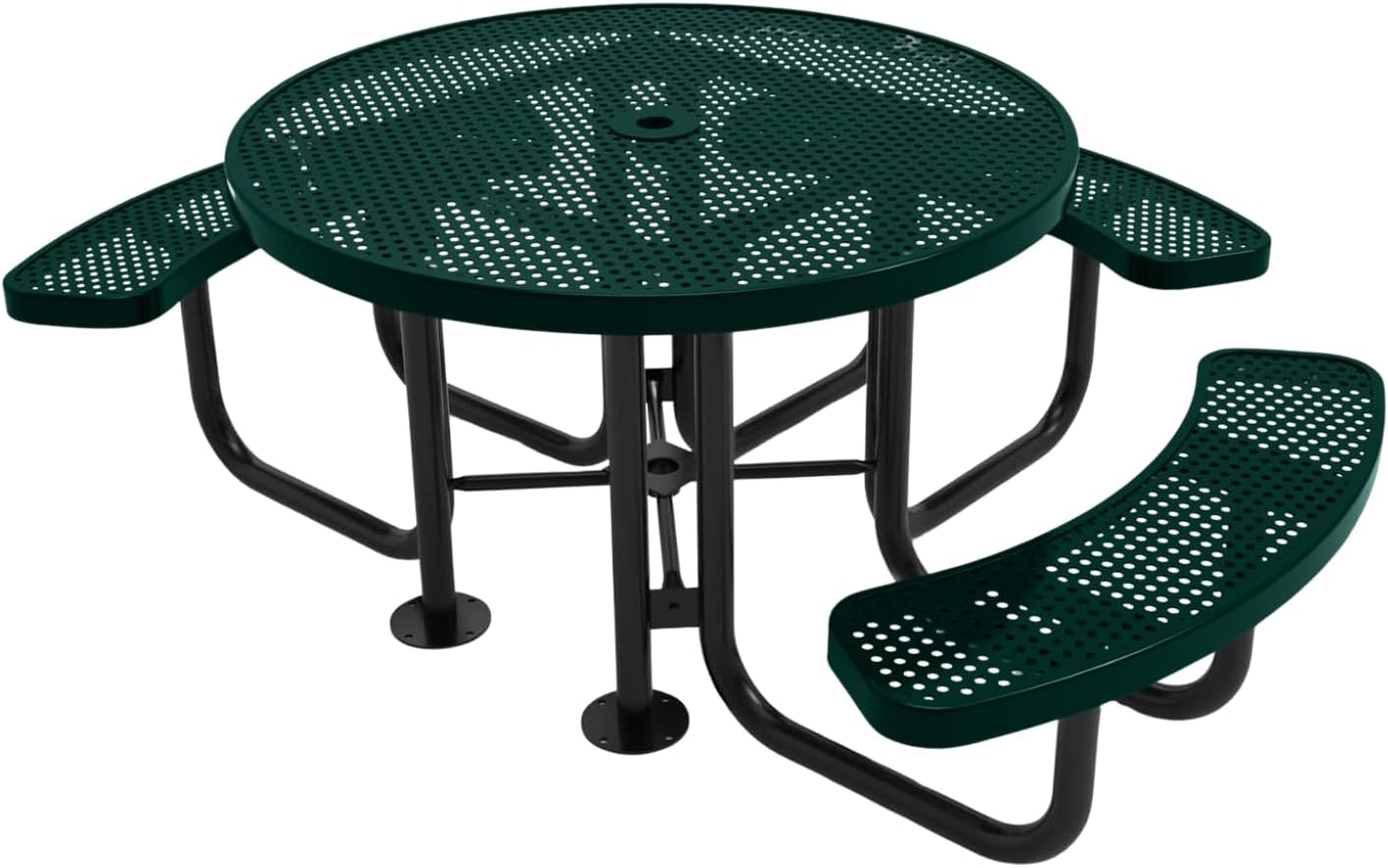 Heavy-Duty Portable Outdoor Picnic Table with Umbrella Hole, Punched Steel Patio Dining Furniture Made in America (46" Round Top, Textured Dark Green)