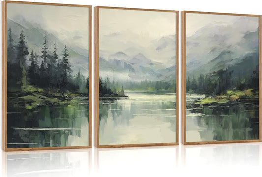 Aurlan Emerald Green Mountain Lake Landscape Framed Wall Art(16"x24"), 3PCS Abstract Forest Nature Canvas Artwork, Large Minimalist Watercolor Modern Pine Trees Scenery Decor for Office Home