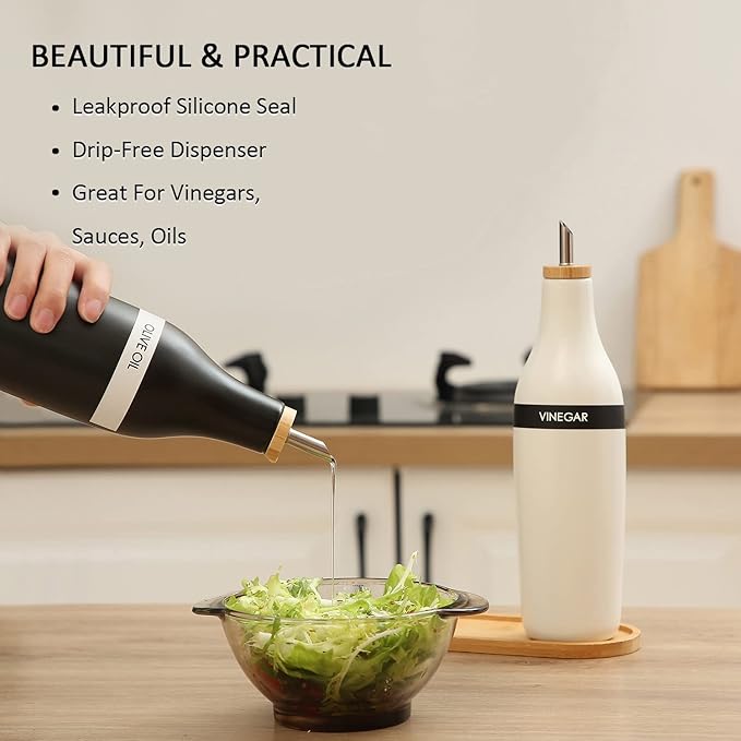 HOMCDALY Olive Oil and Vinegar Dispenser Set, Two 16oz Ceramic Oil Dispenser for Kitchen, Kitchen Dispenser Bottle for EVOO Vinegar Syrups, Modern Farmhouse Design| Set of 2 –Black &white