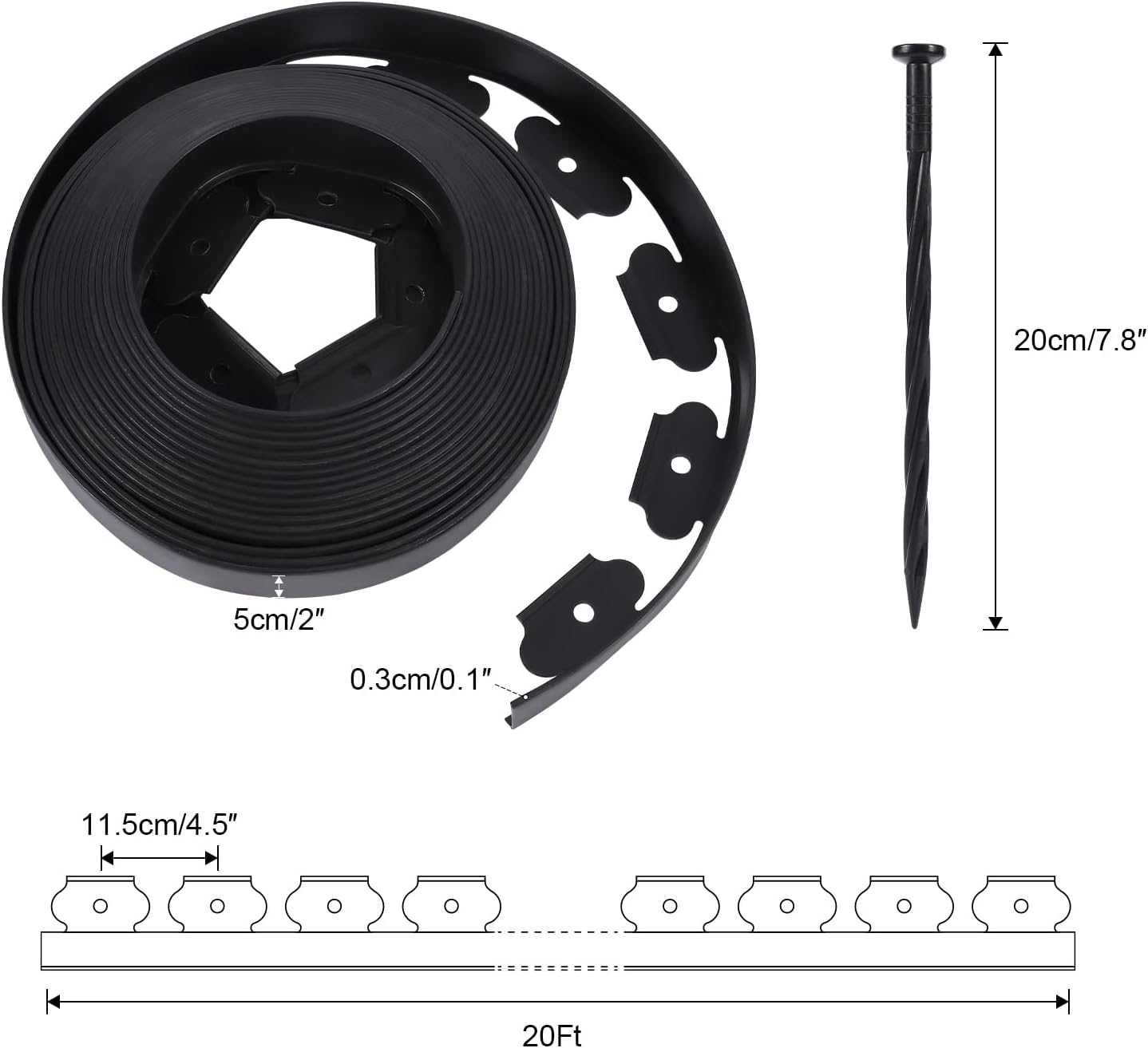 No Dig Durable Garden Landscape Edging Kit, 2" Tall Black Plastic Lawn Border for Landscaping, Flower Gardens, Lawn (100FT+ 120pcs Anchoring Spikes, Black)