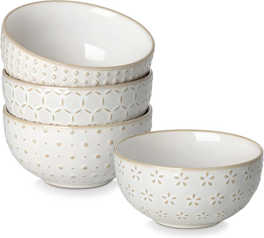 MALACASA Small Bowls, 14 Ounce Ice Cream Bowl, Stoneware Dessert Bowls Set of 4 with Embossment for Snack, Chip, Fruits, Side Dishes - 4.5 Inch, Arctic White Series LYDIA