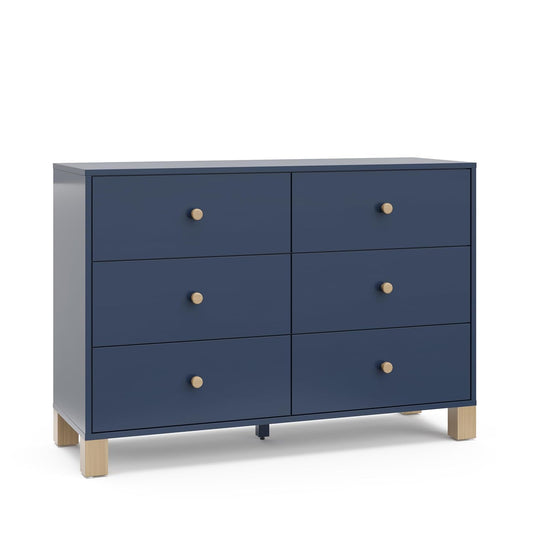 Storkcraft California 6 Drawer Double Dresser (Midnight Blue with Driftwood) – GREENGUARD Gold Certified, Spacious Storage Organizer for Kids’ Room, Safety Interlocking Drawer System