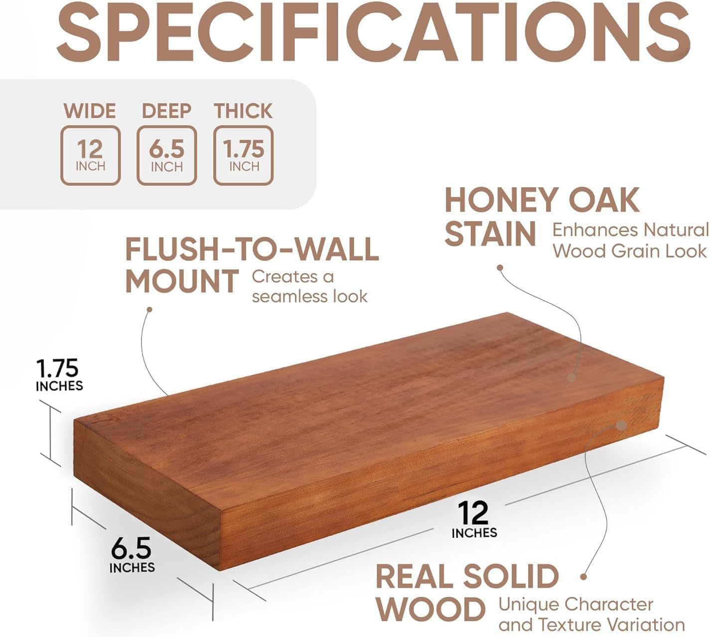 Homeforia 12 inch Oak Floating Shelf, High End Solid Real Wood 12inch Small Floating Shelves for Wall Mounted, Honey Oak Wooden 12in Floating Shelves, Heavy Duty Bracket, 12 X 6.5 X 1.75 in, Set of 2