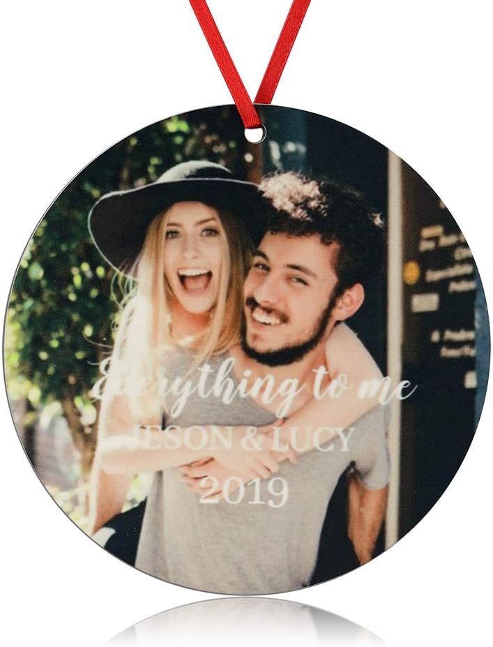 Gemszoo Personalized Picture Christmas Ornament, Custom Double Sided Photo Text Wooden Hanging Xmas Tree Keepsake Pendant Decoration Gift for Family (1, Round)