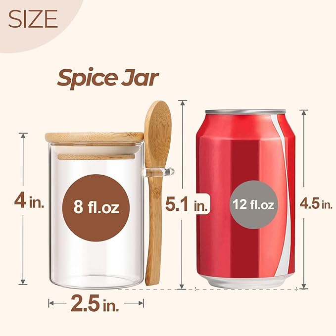 ComSaf Spice Jars with Spoon 8 oz 6Pack, Small Spice Containers Starter Set, Glass Seasoning Jars with Labels, Round Seasoning Containers for Salt, Pepper, Chili Powder, Sugar, Loose Tea Storage