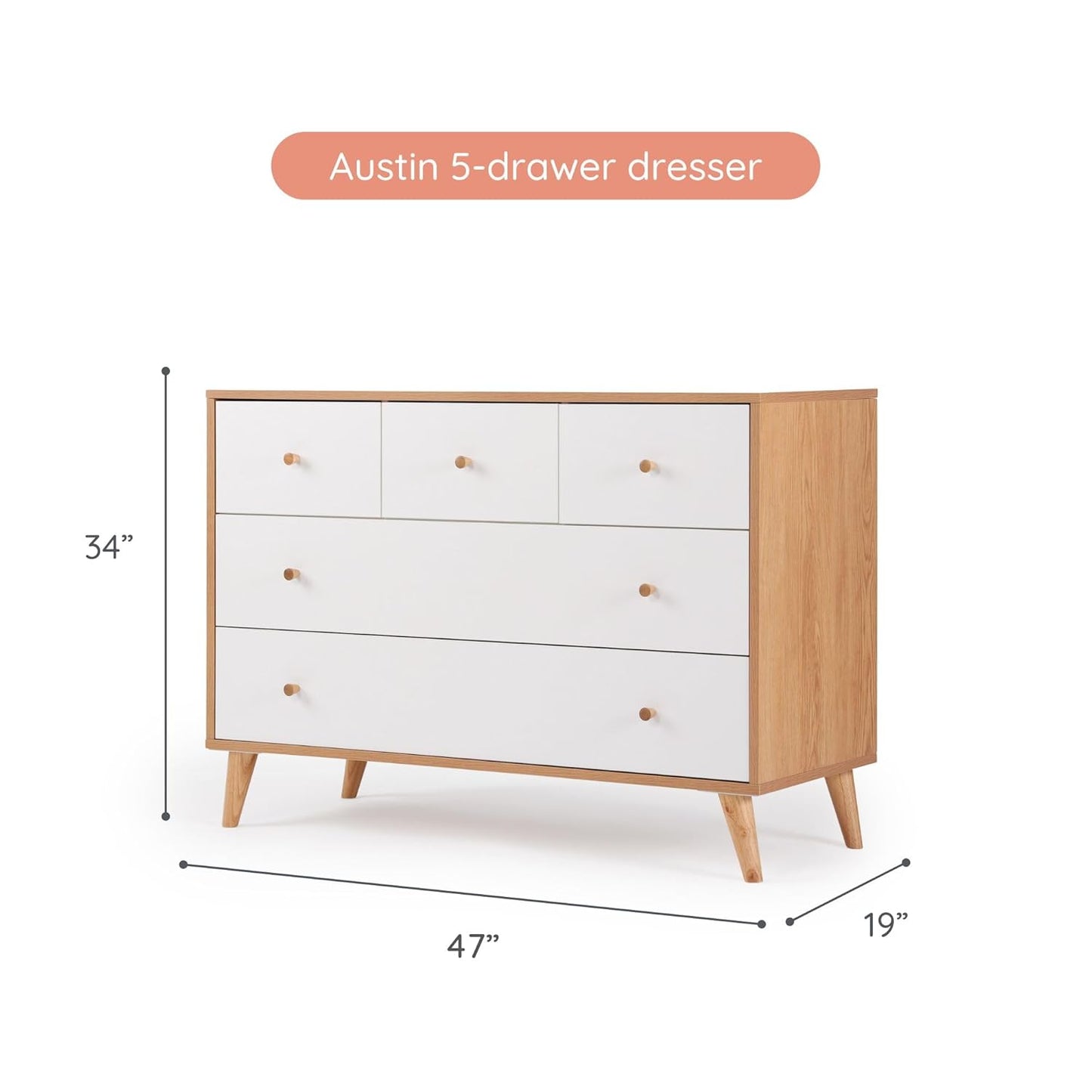 dadada Austin 5-Drawer Dresser for Nursery and Bedroom - Modern Design, Large Storage, Baby-Safe Finish, Anti-Tip Safety, Solid Wood Feet, Durable Construction (White+Red Oak)