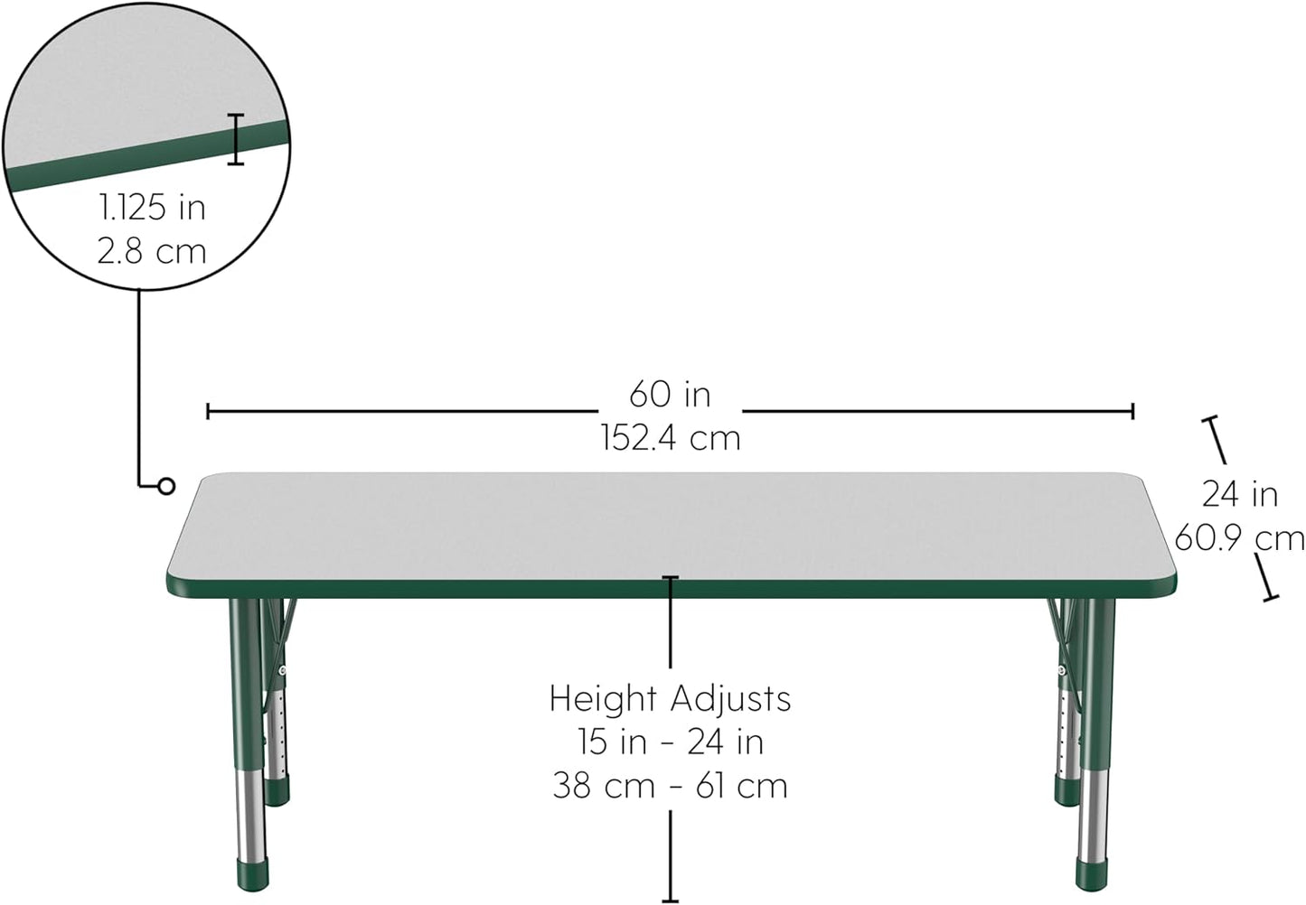 Factory Direct Partners FDP Rectangle Activity School and Classroom Kids Table (24 x 60 inch), Chunky Toddler Legs, Adjustable Height 15-24 inches - Gray Top and Green Edge