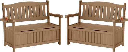 YEFU Outdoor Storage Bench for Patio: Heavy Duty Garden Bench Set of 2 with 96° High Backrest & Oversized Seating - HIPS Weatherproof Patio Bench with Storage for Porch Park Backyard, Teak