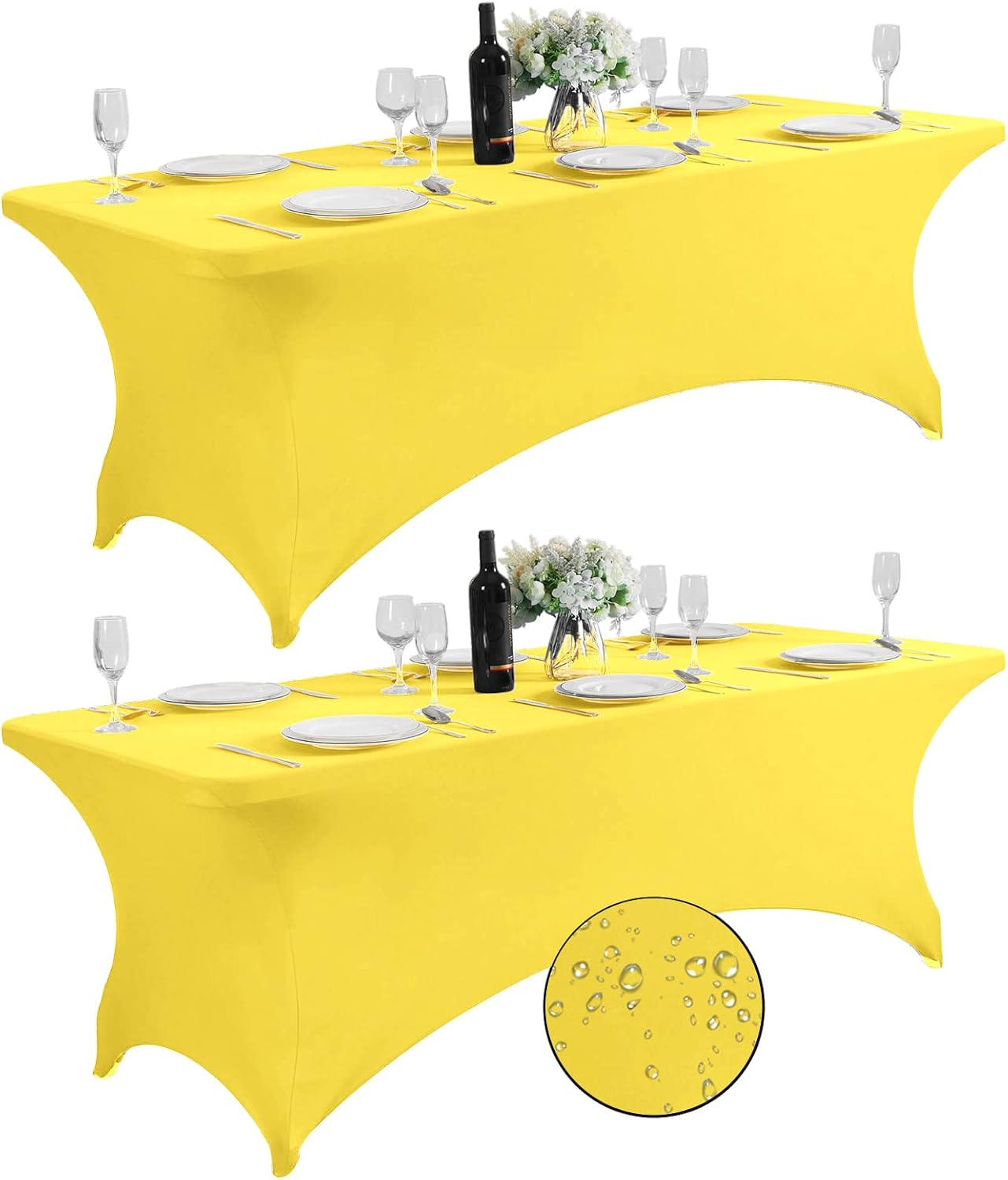 SuperO 2Pack Waterproof Spandex Table Cover for 8FT Table Universal Fitted Stretch Tablecloth for Party, Banquet, Wedding and Events-Yellow